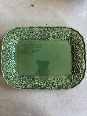 Vintage Cerutil Portugal Green Stoneware Platter 14x11